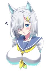  ? animal_ears blue_eyes blush breasts cat_ears commentary_request female grey_hair hair_ornament hair_over_one_eye hairclip hamakaze_(kancolle) kantai_collection kemonomimi_mode large_breasts looking_at_viewer oerba_yun_fang open_mouth perepere-kun school_uniform serafuku short_hair simple_background solo upper_body white_background 