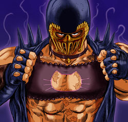  1boy abs bell big_dipper black_bra bra cat_cutout cat_lingerie choker cleavage_cutout clothing_cutout commentary_request constellation fingerless_gloves frilled_bra frills gloves helmet hokuto_no_ken jagi looking_at_viewer male_focus mask meme_attire mitarashi_dingo muscular neck_bell parody photoshop_(medium) say_my_name scar solo spikes underwear upper_body 