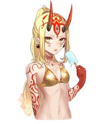  arm_tattoo bad_id bad_twitter_id bare_shoulders bikini bikini_top_only blonde_hair breasts brown_eyes closed_mouth collarbone earrings facial_mark fate/grand_order fate_(series) female food forehead_mark high_ponytail highres holding holding_food horns ibaraki_douji_(fate) jewelry long_hair looking_at_viewer navel oni oni_horns pointy_ears ponytail popsicle shoulder_tattoo sidelocks simple_background small_breasts solo swimsuit tattoo tongue tongue_out twitter_username upper_body very_long_hair white_background yellow_bikini yukihama 