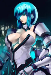  absurdres bad_id bad_pixiv_id blue_eyes blue_hair breasts cleavage doku-chan_(dokkudokudoku) female gauntlets headphones highres large_breasts original short_hair solo 