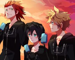  2boys axel_(kingdom_hearts) black_coat_(kingdom_hearts) black_hair blonde_hair blue_eyes cloak commentary_request facial_mark female food gloves green_eyes hand_on_head ice_cream kingdom_hearts kingdom_hearts_358/2_days multiple_boys popsicle red_hair roxas sana423 short_hair xion_(kingdom_hearts) 