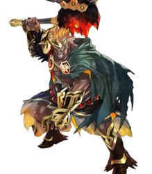  1boy abs axe blonde_hair boots dark-skinned_male dark_skin feathers feet_out_of_frame fire_emblem fire_emblem_heroes helbindi_(fire_emblem) highres horns maeshima_shigeki male_focus navel official_art red_eyes scar single_horn solo teeth topless_male torn_clothes transparent_background white_hair 