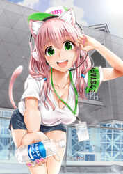  animal_ears armband blush brand_name_imitation breasts cat_ears cat_tail commentary_request female ganari_ryuu green_eyes hat headphones headset large_breasts long_hair looking_at_viewer open_mouth original pink_hair pocari_sweat smile solo staff super_tama_musume sweat tail tamatoys tokyo_big_sight 