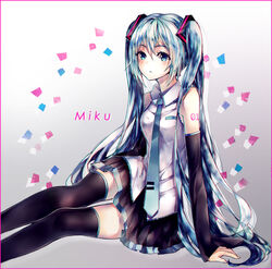  aqua_eyes aqua_hair character_name commentary_request detached_sleeves female hatsune_miku highres long_hair necktie photoshop_(medium) sitting skirt solo teka thighhighs twintails very_long_hair vocaloid 