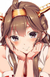  ahoge aida_takanobu bare_shoulders blush brown_hair closed_mouth commentary_request female hairband hands_on_own_face headgear kantai_collection kongou_(kancolle) long_hair looking_at_viewer nontraditional_miko portrait purple_eyes smile solo 