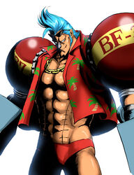  1boy abs blue_eyes blue_hair chain_necklace chains commentary_request cyborg eyewear_on_head franky_(one_piece) hawaiian_shirt jewelry male_focus necklace nika_(nikasa_an) one_piece open_clothes open_shirt pompadour shiny shirt sideburns simple_background smile solo stitches sunglasses white_background 