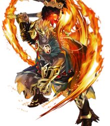  1boy abs axe blonde_hair boots cape dark-skinned_male dark_skin feet_out_of_frame fire fire_emblem fire_emblem_heroes helbindi_(fire_emblem) highres horns maeshima_shigeki male_focus multicolored_hair navel official_art red_eyes scar single_horn solo teeth torn_clothes transparent_background two-tone_hair white_hair 