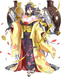  arrow_(projectile) bare_shoulders black_hair bow_(weapon) breasts castle cleavage crown emerane female fingerless_gloves floral_print full_body gloves hair_between_eyes hair_over_one_eye holding holding_bow_(weapon) holding_weapon japanese_clothes kimono large_breasts long_hair mole mole_under_eye official_art oshiro_project:re petals red_eyes shachihoko smile solo tabi tamonyama_(oshiro_project) transparent_background very_long_hair weapon yuujo 