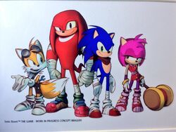  3boys amy_rose animal_nose bandages concept_art female fox_tail full_body furry furry_female furry_male gloves goggles goggles_on_head green_eyes hammer hedgehog_tail holding holding_hammer knuckles_the_echidna mallet multiple_boys multiple_tails official_art photo_(medium) pink_fur pink_hair scarf sega shoes sonic_(series) sonic_boom_(series) sonic_the_hedgehog standing tail tails_(sonic) white_gloves 