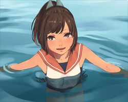  bad_id bad_twitter_id brown_eyes brown_hair female i-401_(kancolle) kantai_collection looking_at_viewer partially_submerged ponytail sailor_collar school_swimsuit school_uniform solo swimsuit swimsuit_under_clothes youmak 