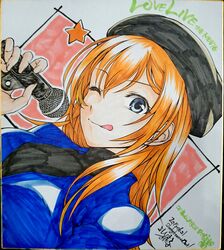  absurdres aged_up blue_eyes commentary_request female female_singer_(love_live!) hat highres long_hair love_live! love_live!_school_idol_project love_live!_the_school_idol_movie microphone one_eye_closed orange_hair shikishi spoilers star_(symbol) tongue tongue_out traditional_media yoshijima_ataru 