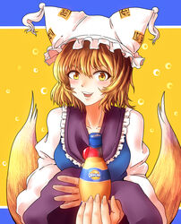  absurdres animal_hat bad_id bad_pixiv_id blonde_hair collarbone commentary_request dress female fingernails fox_tail giving hat highres long_sleeves looking_at_viewer mob_cap multiple_tails open_mouth orange_background orangina product_placement short_hair smile solo striped striped_background tabard tail tassel toluda touhou yakumo_ran yellow_eyes 