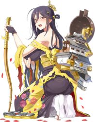  bare_shoulders black_hair bow_(weapon) breasts castle crown emerane female fingerless_gloves floral_print from_side full_body gloves hair_between_eyes holding holding_bow_(weapon) holding_weapon japanese_clothes kimono large_breasts long_hair mole mole_under_eye official_art oshiro_project:re petals red_eyes seiza sitting solo tamonyama_(oshiro_project) torn_clothes torn_kimono transparent_background very_long_hair weapon yuujo 