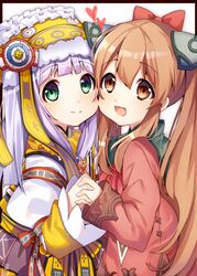  2girls bad_id bad_pixiv_id blush bow brown_eyes brown_hair coat commentary_request crossover dress hairbow in-franchise_crossover long_hair lymle_lemuri_phi multiple_girls omuretsu pink_coat red_bow relia_(star_ocean) star_ocean star_ocean_integrity_and_faithlessness star_ocean_the_last_hope twintails white_background white_dress 