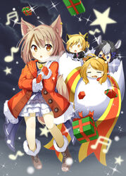  4girls absurdres animal_ears black_hair blonde_hair boots box brown_hair chaakusu cheetah_girl chibi christmas citti_(show_by_rock!!) coat collar commentary_request crying ear_piercing expressionless fennery_(show_by_rock!!) fox_ears fox_tail fur-trimmed_boots fur-trimmed_jacket fur_trim gift gift_box highres jacket laina_(show_by_rock!!) light_brown_hair lion_girl long_sleeves multicolored_hair multiple_girls musical_note piercing sack short_hair show_by_rock!! star_(symbol) streaked_hair streaming_tears tail tears two-tone_hair zebrina_(show_by_rock!!) 