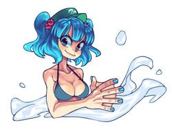  bikini blue_eyes blue_hair blue_nails collarbone commentary_request female hair_bobbles hair_ornament hat highres kawashiro_nitori nail_polish nappooz short_hair simple_background smile solo swimsuit touhou twintails two_side_up water webbed_hands white_background 