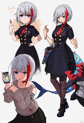  admiral_graf_spee_(azur_lane) admiral_graf_spee_(girl&#039;s_sunday)_(azur_lane) admiral_graf_spee_(peaceful_daily_life)_(azur_lane) azur_lane bag black_dress blue_eyes blunt_bangs breasts broken_screen bugles_(food) bugles_on_fingers cellphone commentary cracked_phone cracked_screen dress english_text female fins fish_tail food food_on_hand grey_hair handbag highres middle_finger military military_uniform multicolored_hair multiple_views necktie official_alternate_costume page&#039;as pantyhose phone profanity red_hair rigging shark_tail short_hair sidelocks small_breasts snack streaked_hair tail uniform yandere 