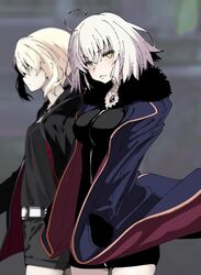  2girls ahoge artoria_pendragon_(fate) blonde_hair blush commentary_request fate/grand_order fate_(series) fur_trim hands_in_pockets highres iwasaki_takashi jacket jeanne_d&#039;arc_alter_(fate) jeanne_d&#039;arc_alter_(ver._shinjuku_1999)_(fate) jewelry multiple_girls necklace official_alternate_costume saber_alter saber_alter_(ver._shinjuku_1999)_(fate) shorts white_hair yellow_eyes 