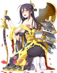  bare_shoulders black_hair bow_(weapon) breasts castle crown emerane female fingerless_gloves floral_print from_side full_body gloves hair_between_eyes holding holding_bow_(weapon) holding_weapon japanese_clothes kimono large_breasts long_hair mole mole_under_eye official_art oshiro_project:re petals red_eyes rose_print seiza sitting solo tamonyama_(oshiro_project) torn_clothes torn_kimono transparent_background very_long_hair weapon yuujo 