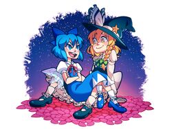  2girls blonde_hair blue_eyes blue_hair bow braid buck_teeth cirno commentary_request crossed_legs dress hat highres kirisame_marisa long_hair looking_at_another mary_janes multiple_girls nappooz open_mouth petals ribbon round_teeth shoes short_hair simple_background sitting sitting_on_lap sitting_on_person smile spread_legs star_(symbol) teeth touhou white_background wings witch_hat yellow_eyes 