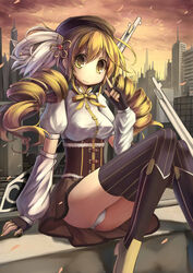  beret blonde_hair boots commentary_request detached_sleeves drill_hair female fingerless_gloves gloves hat highres hoshi_no_gen magical_girl mahou_shoujo_madoka_magica mahou_shoujo_madoka_magica_(anime) no_nose panties pantyshot sitting solo striped thighhighs tomoe_mami tomoe_mami_(magical_girl) twin_drills twintails underwear vertical_stripes yellow_eyes 