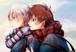  2boys bag blue_eyes blush commentary_request grey_hair hug hug_from_behind kakumeiki_valvrave l-elf male_focus multiple_boys open_mouth purple_eyes sana423 scarf school_uniform sky smile striped_clothes striped_scarf tokishima_haruto uniform 