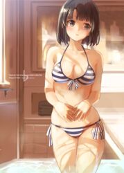  bad_id bad_pixiv_id bathroom bathtub bikini black_hair breasts collarbone commentary_request cowboy_shot duplicate female front-tie_bikini_top front-tie_top grey_eyes halterneck hands_on_own_stomach hinoshita_akame indoors katou_megumi looking_at_viewer medium_breasts open_mouth pixel-perfect_duplicate saenai_heroine_no_sodatekata shadow short_hair side-tie_bikini_bottom solo string_bikini striped_bikini striped_clothes swimsuit twitter_username 