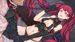  1boy arms_behind_back bare_shoulders bondage breasts center_opening chains cleavage clenched_teeth collar commentary_request elbow_gloves female femdom gloves hair_ornament highres iron_maiden long_hair medium_breasts navel open_mouth orange_eyes original panties red_hair smile solo_focus straddling straight sweatdrop teeth twintails underwear variant_set wooden_horse yumoteliuce 