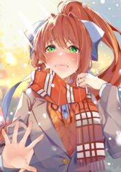  against_fourth_wall bow brown_hair coat commentary crying crying_with_eyes_open doki_doki_literature_club english_commentary female fourth_wall green_eyes hair_between_eyes hairbow highres long_hair looking_at_viewer monika_(doki_doki_literature_club) ponytail sad scarf solo sweater tears white_bow winter_clothes winter_coat xhunzei 