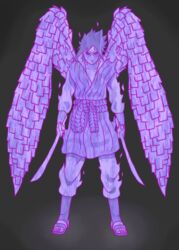  1boy alternate_form dual_wielding energy_sword energy_wings full_body glowing holding holding_sword holding_weapon jmbfanart large_wings naruto naruto_(series) naruto_shippuuden red_eyes rinnegan sharingan standing susanoo_(naruto) sword uchiha_sasuke weapon what_if wings 