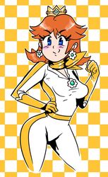  arm_up blue_eyes breasts brown_hair crown earrings female fist flower_earrings gloves hair_between_eyes hand_on_hip jewelry looking_at_viewer mario_(series) mario_kart nintendo orange_gloves orange_scarf pose princess_daisy race_suit scarf short_hair smug solo super_mario_land thighs tomboy 