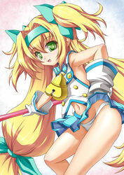  :d armpits bell blazblue blonde_hair bow collar commentary_request female gloves green_eyes hairband hairbow highres long_hair midriff navel neck_bell open_mouth panties pantyshot platinum_the_trinity quad_tails roura sleeveless smile solo staff underwear very_long_hair 