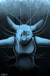  2014 2:3 abstract_background anthro avalenna bottomless closed_eyes clothed clothing conditional_dnp digital_media_(artwork) faraden female front_view lagomorph legacy_(ratte) leporid mammal monochrome pure_faraden rabbit ratte simple_background smile solo 