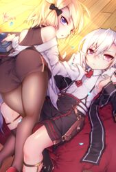  2girls ass azur_lane blonde_hair book buttons collared_shirt commentary_request gloves hair_between_eyes highres kusibu_yt leg_between_thighs looking_at_viewer multiple_girls necktie necktie_grab neckwear_grab official_alternate_costume pantyhose purple_eyes shirt short_shorts shorts sleeveless suspenders white_gloves white_hair wooden_floor z1_leberecht_maass_(&quot;rebellious&quot;_top_student)_(azur_lane) z1_leberecht_maass_(azur_lane) z23_(azur_lane) z23_(philosophy_sensei)_(azur_lane) 