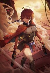  breasts brown_eyes brown_hair choker commentary dual_wielding female hakama hakama_short_skirt hakama_skirt highres holding japanese_clothes johnson_zhuang koutetsujou_no_kabaneri medium_breasts mumei_(kabaneri) red_eyes short_hair sideboob skirt solo thighs walking 