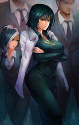  blue_hair breasts coat commentary dress female fubuki_(one-punch_man) fur_coat green_eyes head_out_of_frame highres hip_focus jewelry johnson_zhuang large_breasts matsuge_(one-punch_man) necklace one-punch_man sansetsukon_no_lily short_hair solo_focus thighs yamazaru_(one-punch_man) 