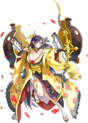  aiming arrow_(projectile) bare_shoulders black_hair bow_(weapon) breasts castle cleavage crown drawing_bow emerane female fingerless_gloves floral_print full_body gloves hair_between_eyes hair_over_one_eye holding holding_arrow holding_bow_(weapon) holding_weapon japanese_clothes kimono large_breasts long_hair mole mole_under_eye mouth_hold official_art oshiro_project:re outstretched_arm petals red_eyes rose_print smile solo tabi tamonyama_(oshiro_project) transparent_background very_long_hair weapon yuujo 