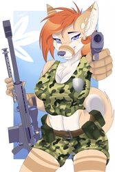  anthro belt big_breasts biped breasts canid canine canis character_request chest_tuft clothed clothing domestic_dog eyebrows eyelashes facial_markings female fully_clothed fur gun hair handgun head_markings hi_res holding_gun holding_object holding_ranged_weapon holding_weapon looking_at_viewer mammal markings mistydash pistol ranged_weapon rifle solo tuft weapon 