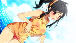  :o ahoge ayumi_(sakura_beach) bangs bare_shoulders black_hair blush bra breasts cloud collarbone cowboy_shot day dutch_angle embarrassed female female flipped_hair from_side game_cg hair_ribbon hoshi_(sakura_beach) inma looking_down no_pants ocean open_mouth outdoors panties parted_bangs pink_bra pink_panties red_eyes ribbon sakura_beach sea see-through side_ponytail sidelocks sky solo standing star star_print striped surprised tank_top thighs underwear wading wanaca water wet wet_clothes winged_cloud 