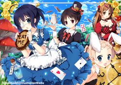  4girls alice_(alice_in_wonderland) alice_(alice_in_wonderland)_(cosplay) alice_in_wonderland animal_ears black_hair blonde_hair blue_eyes bottle breasts brown_eyes brown_hair card chuunibyou_demo_koi_ga_shitai! cleavage cleavage_cutout clock clothing_cutout commentary_request cookie cosplay crown dekomori_sanae detached_collar dress eyepatch flower food hat heart_cutout kaho_okashii large_breasts long_hair mad_hatter_(alice_in_wonderland) mad_hatter_(alice_in_wonderland)_(cosplay) medical_eyepatch medium_breasts multiple_girls mushroom nibutani_shinka one_side_up playboy_bunny playing_card rabbit_ears red_eyes scepter short_hair small_breasts takanashi_rikka tea_set tsuyuri_kumin twintails white_rabbit_(alice_in_wonderland) white_rabbit_(alice_in_wonderland)_(cosplay) wrist_cuffs 