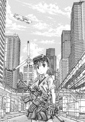  academy_city aircraft artist_name assault_rifle bad_id bad_pixiv_id building city day dirigible eotech female gloves greyscale gun gun_sling h&amp;k_hk416 halftone head-mounted_display heckler_&amp;_koch highres holding holding_gun holding_weapon medium_hair millipen_(medium) misaka_imouto monochrome nib_pen_(medium) optical_sight rifle road school_uniform scope signature skirt skyscraper solo standing strap street summer_uniform suppressor sweater_vest t_takahashi_(ixtl416) toaru_majutsu_no_index tokiwadai_school_uniform traditional_media utility_pole vest weapon wind_turbine 