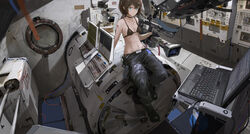  astronaut bikini bikini_top_only blue_eyes boots brown_hair choker commentary computer female highres ibm jewelry laptop looking_at_viewer nasa_logo necklace novelance original photoshop_(medium) short_hair shoulder_tattoo sitting solo spacecraft_interior star_(symbol) swimsuit tattoo thinkpad tv_camera 