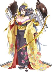  arrow_(projectile) bare_shoulders black_hair bow_(weapon) breasts castle cleavage crown emerane female fingerless_gloves floral_print full_body gloves hair_between_eyes hair_over_one_eye holding holding_arrow holding_bow_(weapon) holding_weapon japanese_clothes kimono large_breasts long_hair mole mole_under_eye official_art oshiro_project:re red_eyes shachihoko smile solo tabi tamonyama_(oshiro_project) transparent_background very_long_hair weapon yuujo 