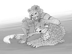  4:3 4_ears anthro armor charr claws clothing dagos domestic_pet duo fangs felid female flat_chested fluffy fluffy_tail fur furries_with_pets guild_wars hand_on_head hi_res horn leopard mammal mane monochrome multi_ear pantherine petting sitting snow_leopard tail teeth 