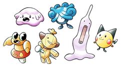  animon_(evolved_ditto) betobaby_(baby_grimer) blush_stickers claedalus commentary english_commentary full_body highres monja_(baby_tangela) nail no_humans norowara open_mouth para_(baby_paras) pichu_(prototype) pokemon pokemon_(creature) pokemon_gsc pokemon_gsc_(prototype) prototype_design simple_background standing sugimori_ken_(style) teeth white_background 