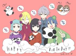  2boys 5girls :d black_eyes black_hair blonde_hair blue_eyes blue_hair blue_shirt blush bowl brown_eyes brown_hair character_request chinese_clothes choker cloud commentary_request dated dress echizen_(tanakeda) english_text everyone expressionless flower green_hat green_shirt grey_hair hair_between_eyes hair_flower hair_ornament hands_on_another&#039;s_shoulders hat katou_(tanakeda) long_hair long_sleeves looking_at_viewer medium_hair mini_hat miyano_sora miyoshi_(tanakeda) multiple_boys multiple_girls nail_polish oerba_yun_fang one_eye_closed open_mouth panda pink_background purple_choker purple_dress purple_shirt red_choker red_nails red_shirt shirt short_hair simple_background sleeves_past_fingers sleeves_past_wrists smile stuffed_animal stuffed_panda stuffed_toy tanaka-kun_wa_itsumo_kedaruge tanaka_rino tangzhuang uda_nozomi v 