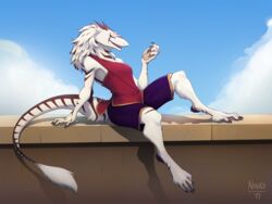  2017 4:3 4_fingers 4_toes anthro biped breasts clothed clothing cloud day digitigrade feet female fingers full-length_portrait fur hair half-closed_eyes looking_at_viewer markings maya_(kukulkan) narrowed_eyes nawka outside paws portrait sergal signature sitting sky solo stripes tail tail_tuft toes tuft white_body white_fur 