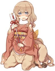  7010 arrow_(projectile) blue_eyes blush brown_hair centaur chinese_zodiac commentary_request female hamaya japanese_clothes kimono looking_at_viewer monster_girl new_year open_mouth original smile solo taur year_of_the_horse 