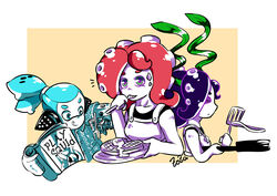  1boy 2girls :q aqua_eyes aqua_hair aqua_shirt artist_name black_hair butter closed_eyes closed_mouth commentary_request cropped_torso eating food food_theft fork from_side frown frying_pan genteel_(zoza) green_eyes hawaiian_shirt headgear holding holding_food holding_fork inkling inkling_boy inkling_player_character kelp looking_at_viewer magazine_(object) mechanical_arms medium_hair multiple_girls name_connection outside_border pancake_(zoza) parody photoshop_(medium) plate playboy red_hair scrunchie shirt short_hair signature single_mechanical_arm smile spatula splatoon_(series) suction_cups takozonesu tentacle_hair tongue tongue_out topknot waffle_(zoza) whistle yellow_background zoza 