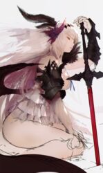  armor bottomless breasts camisole cleavage dark_jeanne feather_hair_ornament feathers female granblue_fantasy hair_ornament hand_on_hilt jeanne_d&#039;arc_(granblue_fantasy) large_breasts long_hair nido_celisius planted planted_sword sitting solo sword unfinished very_long_hair wariza weapon white_hair wings 